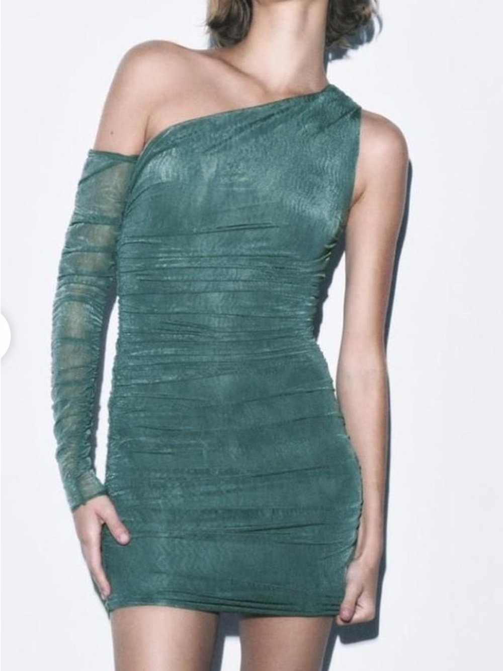 Zara Teal One-Shoulder Ruched Mini Dress